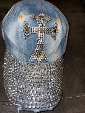 indigo soul Denim Baseball Cap with Rhinestone Cross - Blue